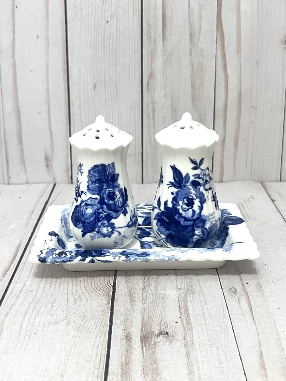 Anthropologie Blue White Floral Salt & Pepper Shaker Set w Tray Cottage